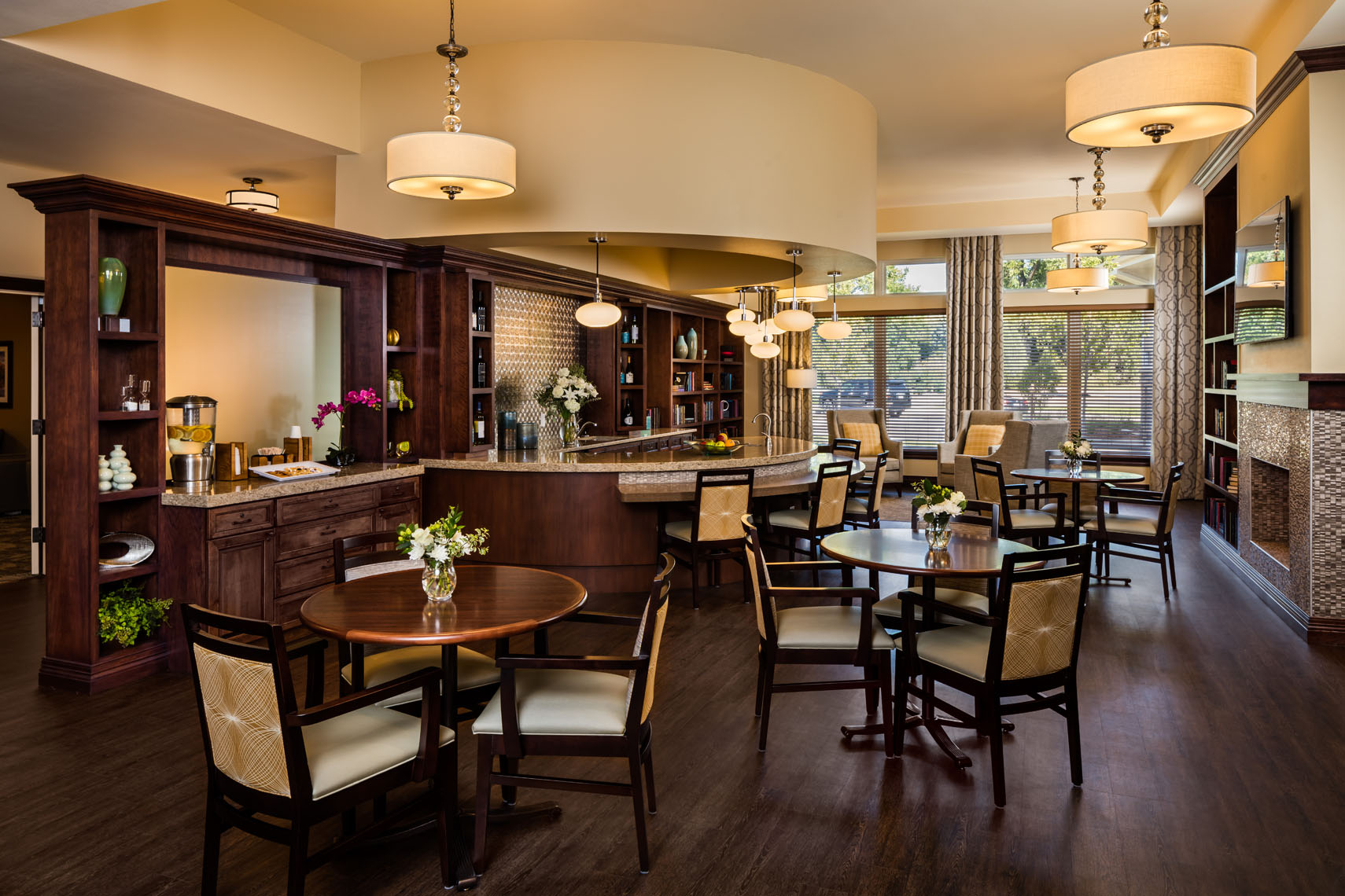 Bar area of a restaurant in a senior living facility photographed for the architect and interior designer in denver colorado